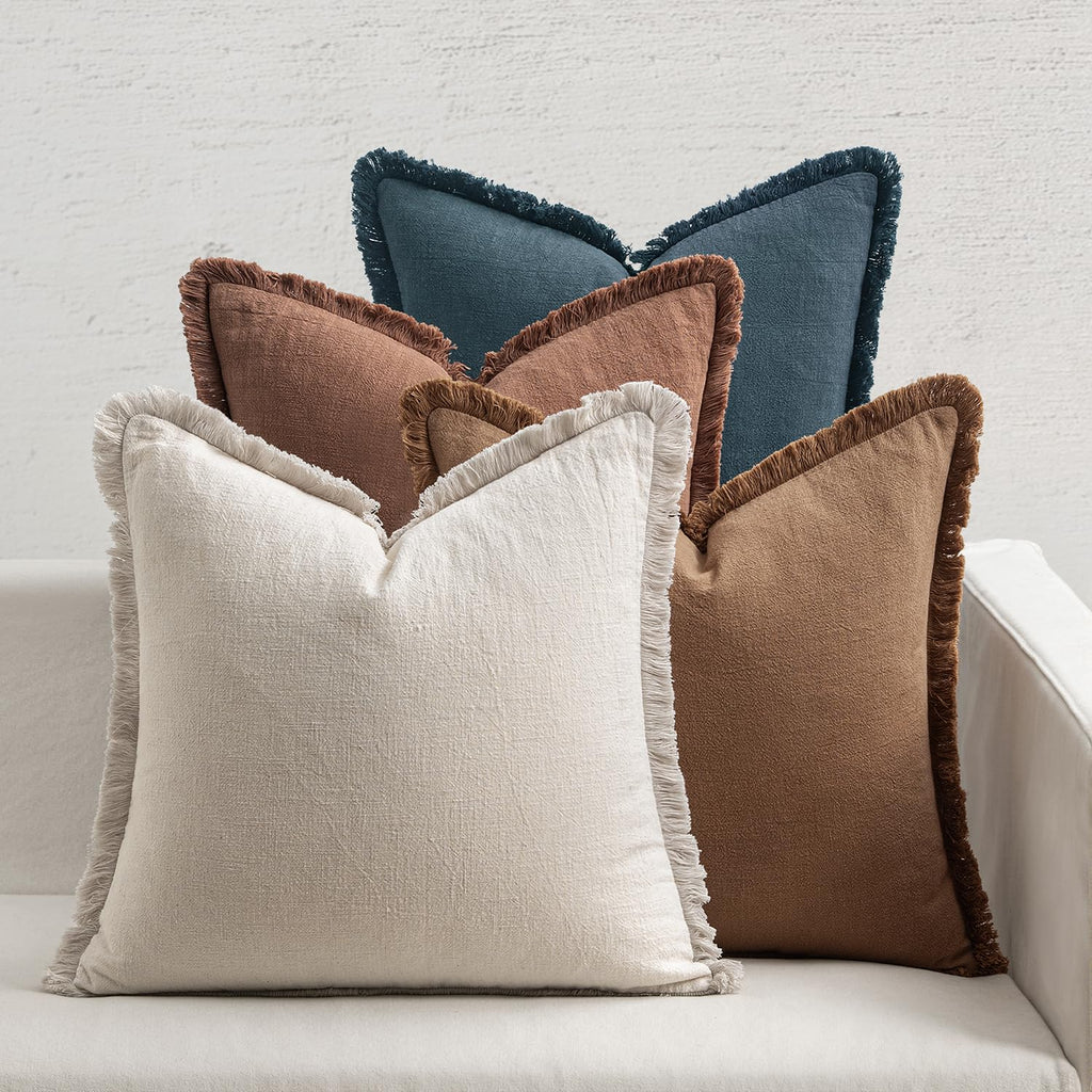 MIULEE Fall Linen Fringe Pillow Covers Set of 4 18x18 Beige/Brown/Green