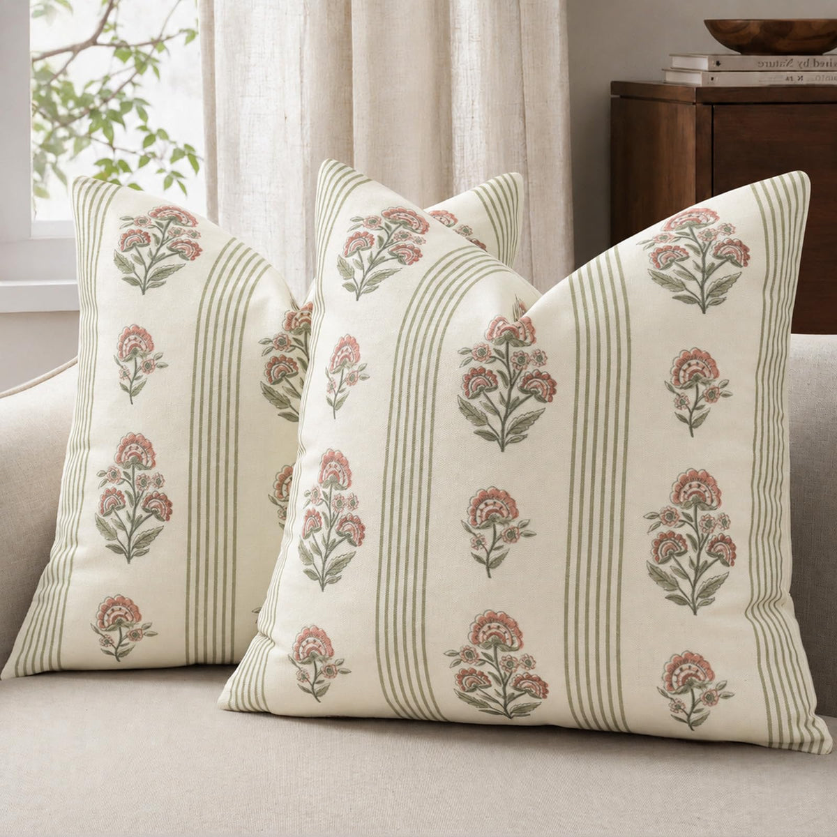 Vintage Throw Pillow Covers 20x20 Set of 2, Striped Floral Fall Pillow Cover Botanical Patterned Decorative Cushion Covers Modern Farmhouse Fall Decor for Sofa Couch Bed Living Room