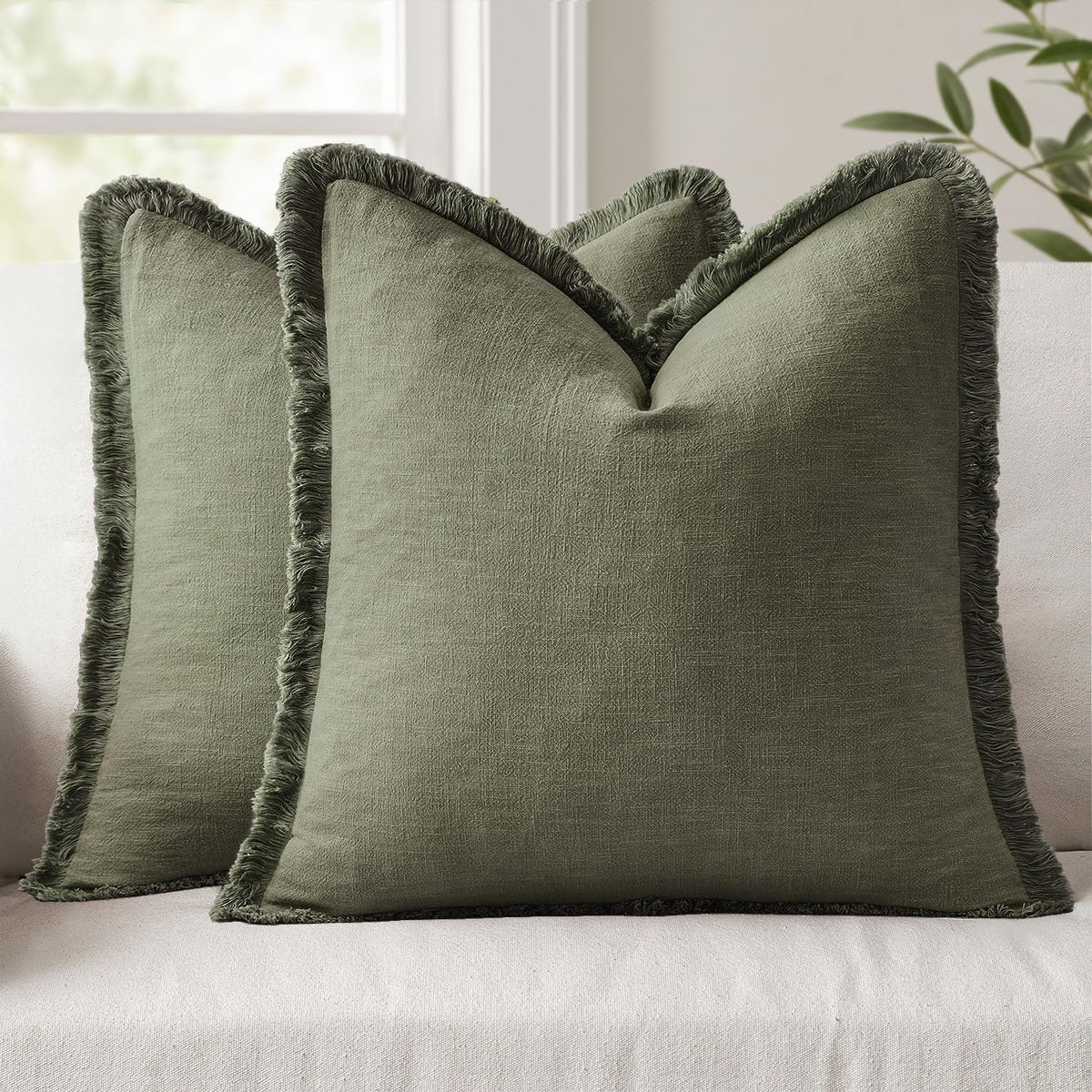 ANRODUO Decorative Linen Fringe Pillow Covers 18×18 Inch Sage Green 2 Pack