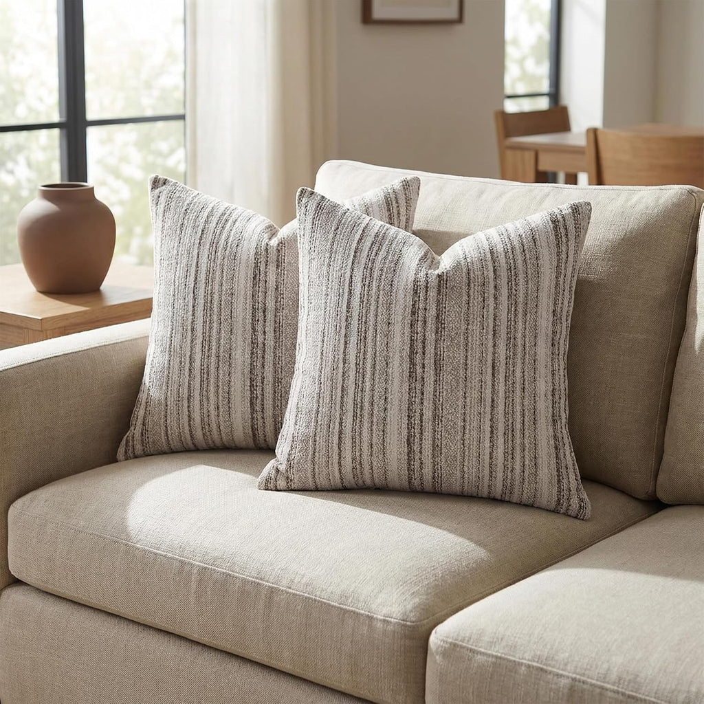Set of 2 Striped Chenille Throw Pillow Covers 18x18 Inches Premium Plush Textured Decorative Cushion Covers Reinforced Hidden Zipper Mid-Century Modern Farmhouse Decor for Couch Sofa Beige