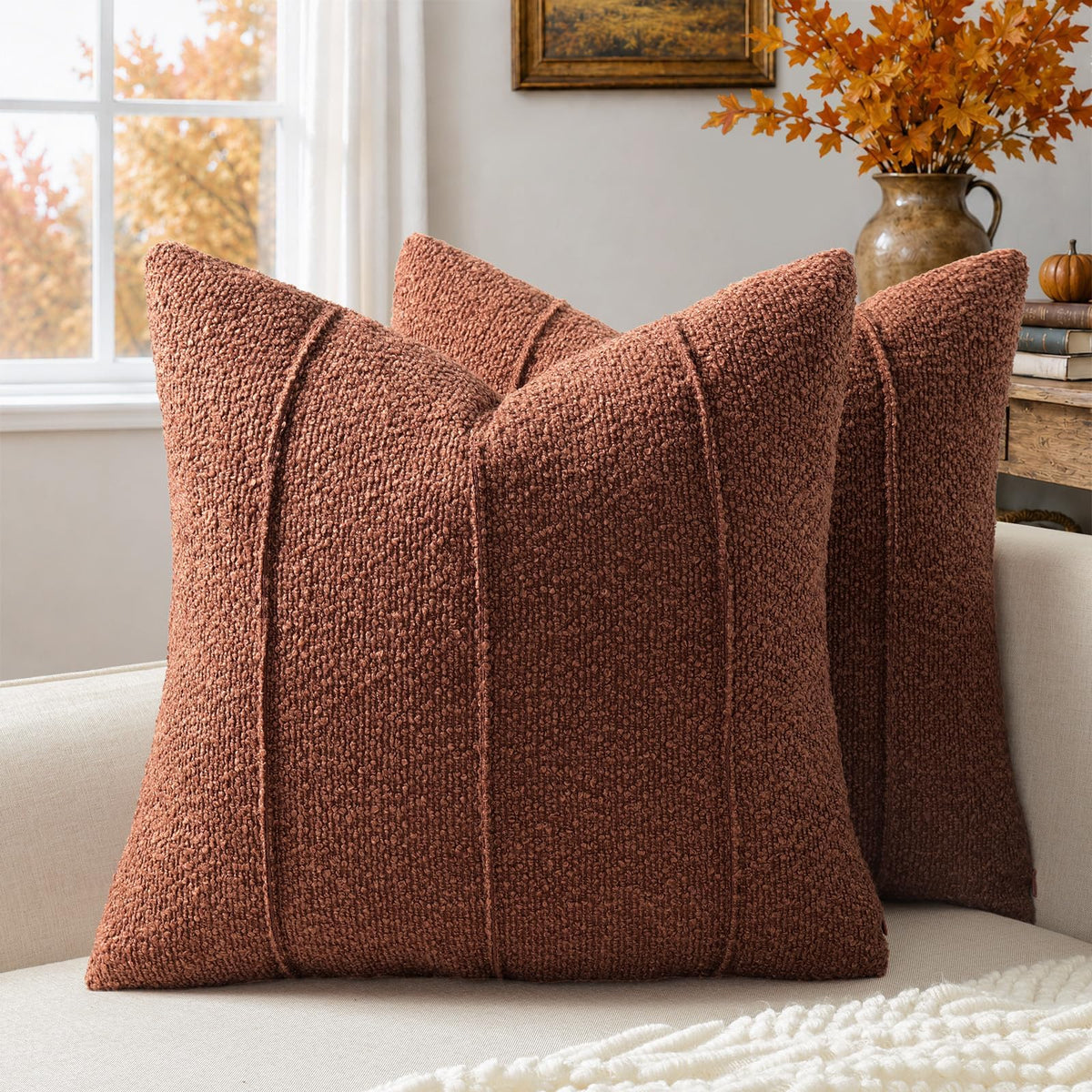 YCOLL Textured Boucle Throw Pillow Covers 20x20 Pack of 2 - Soft Neutral Striped Cushion Covers, Cozy Accent Decorative Pillow Covers for Couch, Sofa, Bed, Living Room (Ivory)