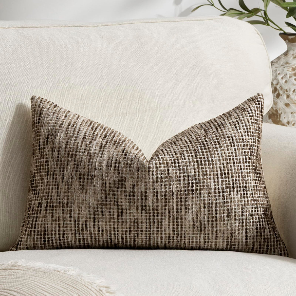 Pack of 2 Neutral Throw Pillow Covers 18x18 Boho Textured Dots Stripe Chenille Square Decorative Pillow Cases Accents for Living Room Couch Bed Farmhouse Home Decor, Taupe