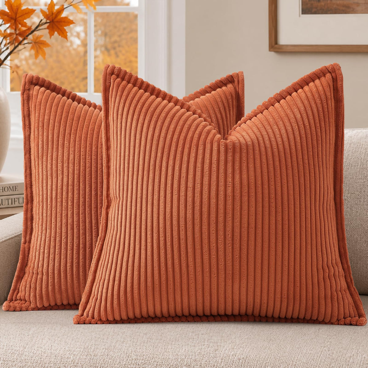 Mecatny Corduroy Fall Throw Pillow Covers 18x18 Set of 2 Cream White