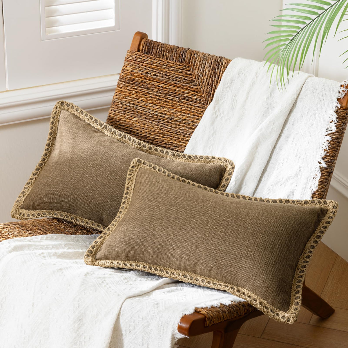 Phantoscope Pack of 2 Coastal Aqua Pillow Covers 18x18, Textured Polyester with Rope Trim, Fade Resistant Vintage Turquoise Blue Decorative Cushion Cases, Hidden Zipper, Farmhouse Boho Beach Decor