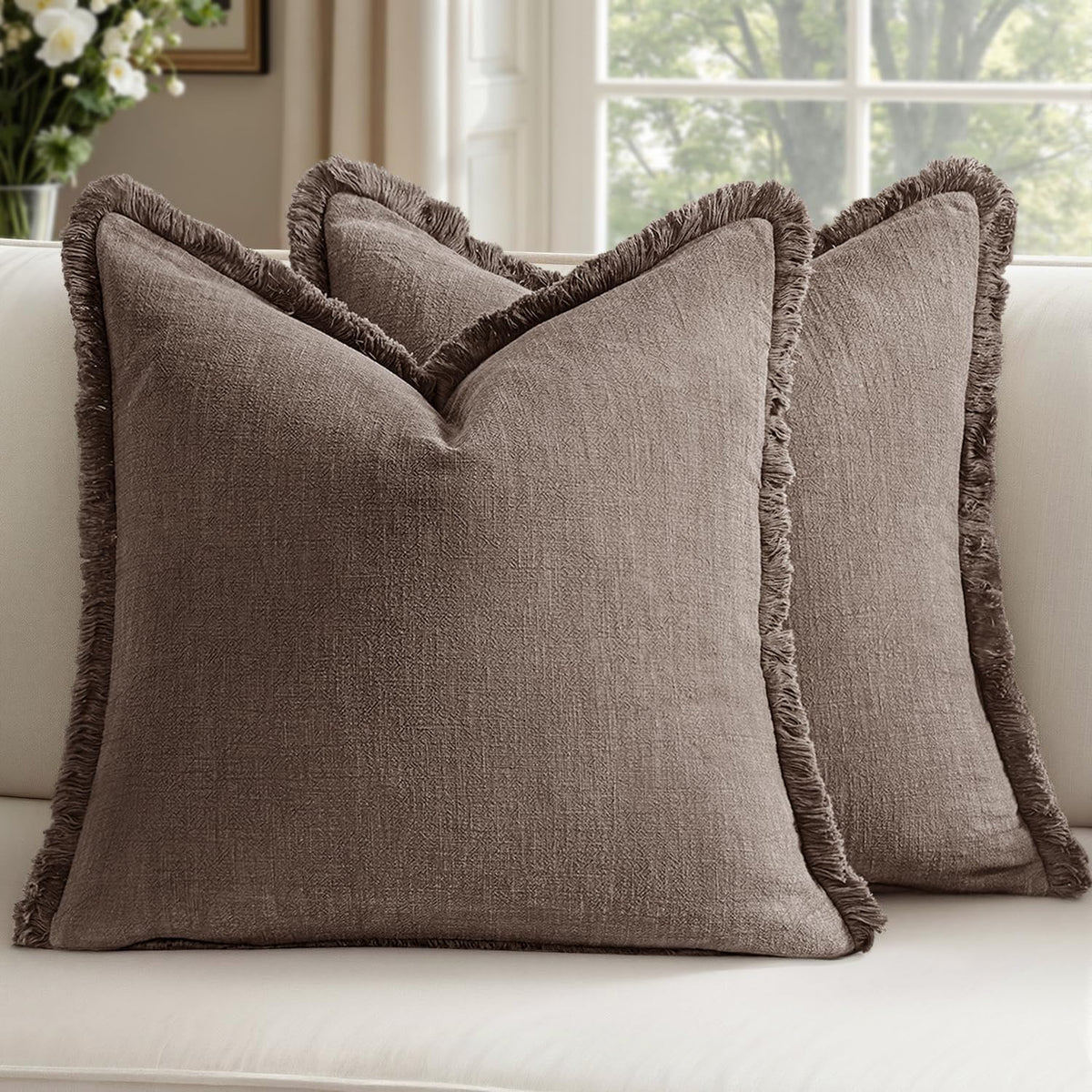 Linen Fringe Throw Pillow Covers 20x20 Inch Set of 2,Navy Blue