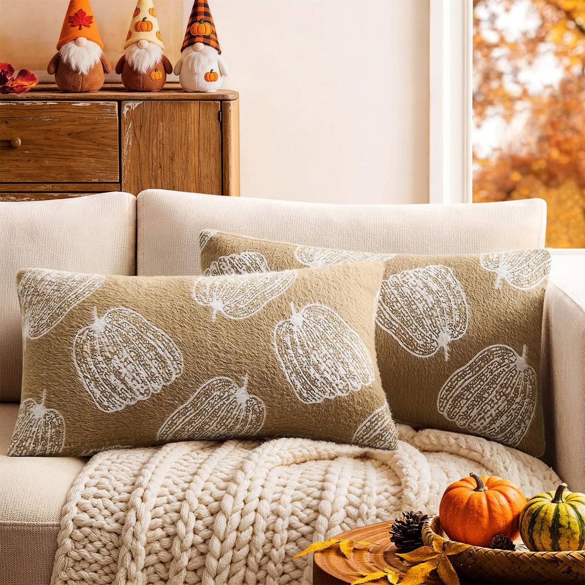 Throw Pillow Covers Set of 2 18x18 White Pumpkins Fall Camel Covers, Soft Faux Decorative Yellow Covers for Couch Sofa Bed Living Room, Farmhouse Home Boho Decor