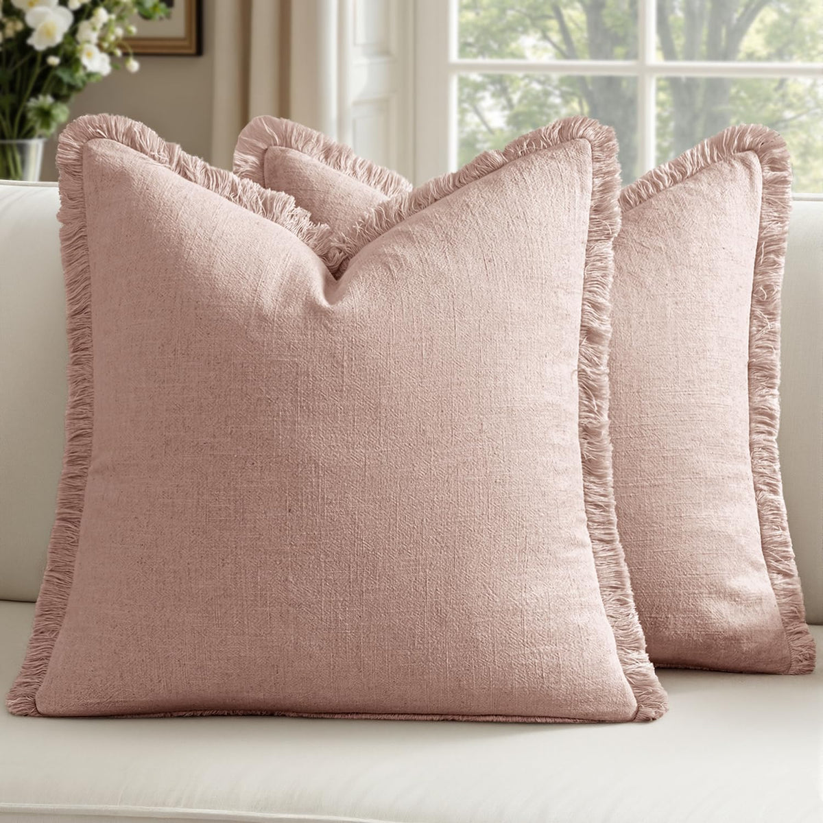 Linen Fringe Throw Pillow Covers 20x20 Inch Set of 2,Navy Blue