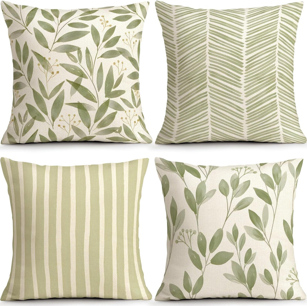 Sage Green Leaves Pillow Covers 18x18 Inch Botanical Cushion Cover Set of 4