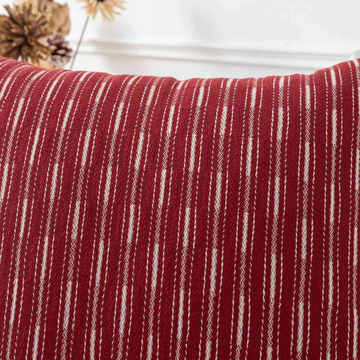 Kevin Textile Valentines Farmhouse Decorative Throw Pillow Covers Boho Woven Texture Burlap Linen Cushion Cover Striped Pillowcase, Wine Red 18 x 18 inches Pack of 2