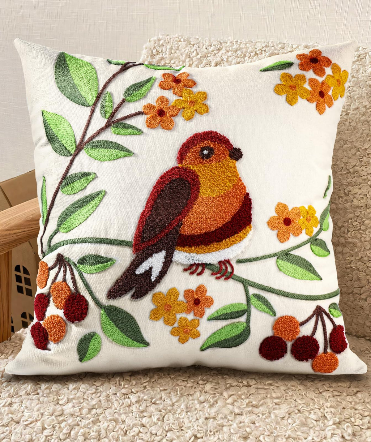 Embroidered Throw Pillow Cover, 18x18 Inch, Fall Abstract Floral