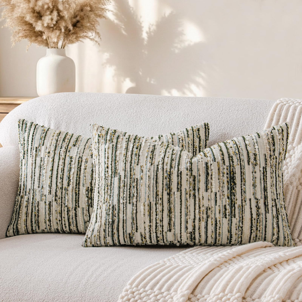 Boho Striped Decorative Throw Pillow Covers 20"X20" Set of 2,Moss Green