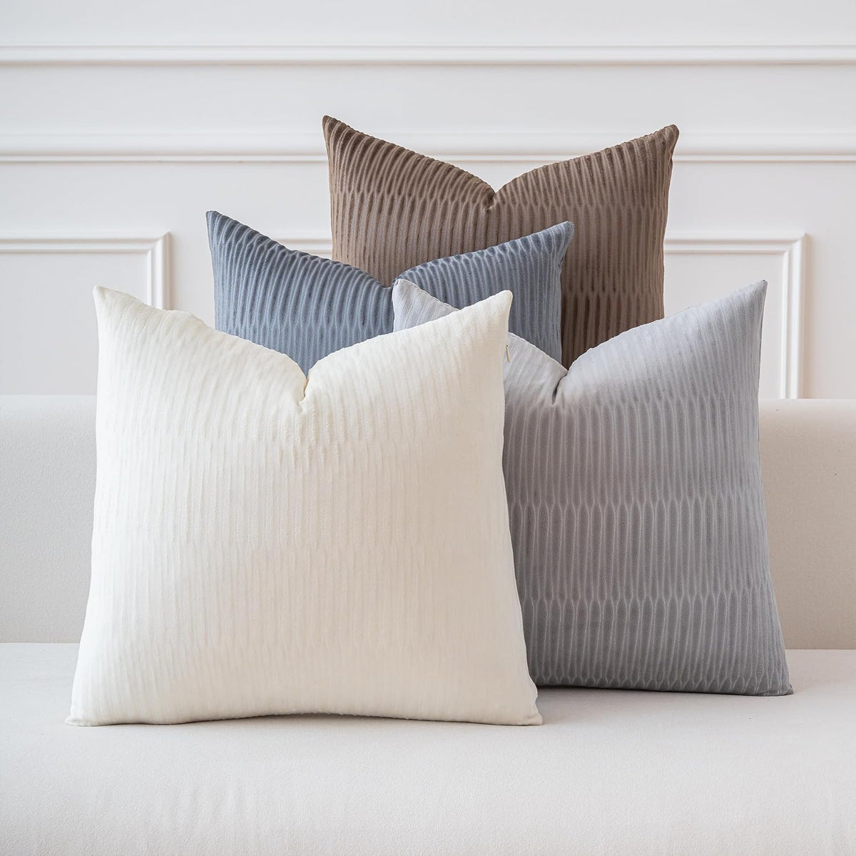 Embossed Velvet Pillow Covers 18x18 Set of 4, Neutral Brown Grey Cream Soft Decorative Throw Pillow Covers, Luxury Textured Cushion Covers for Couch Sofa Bed, Neutral Home Decor