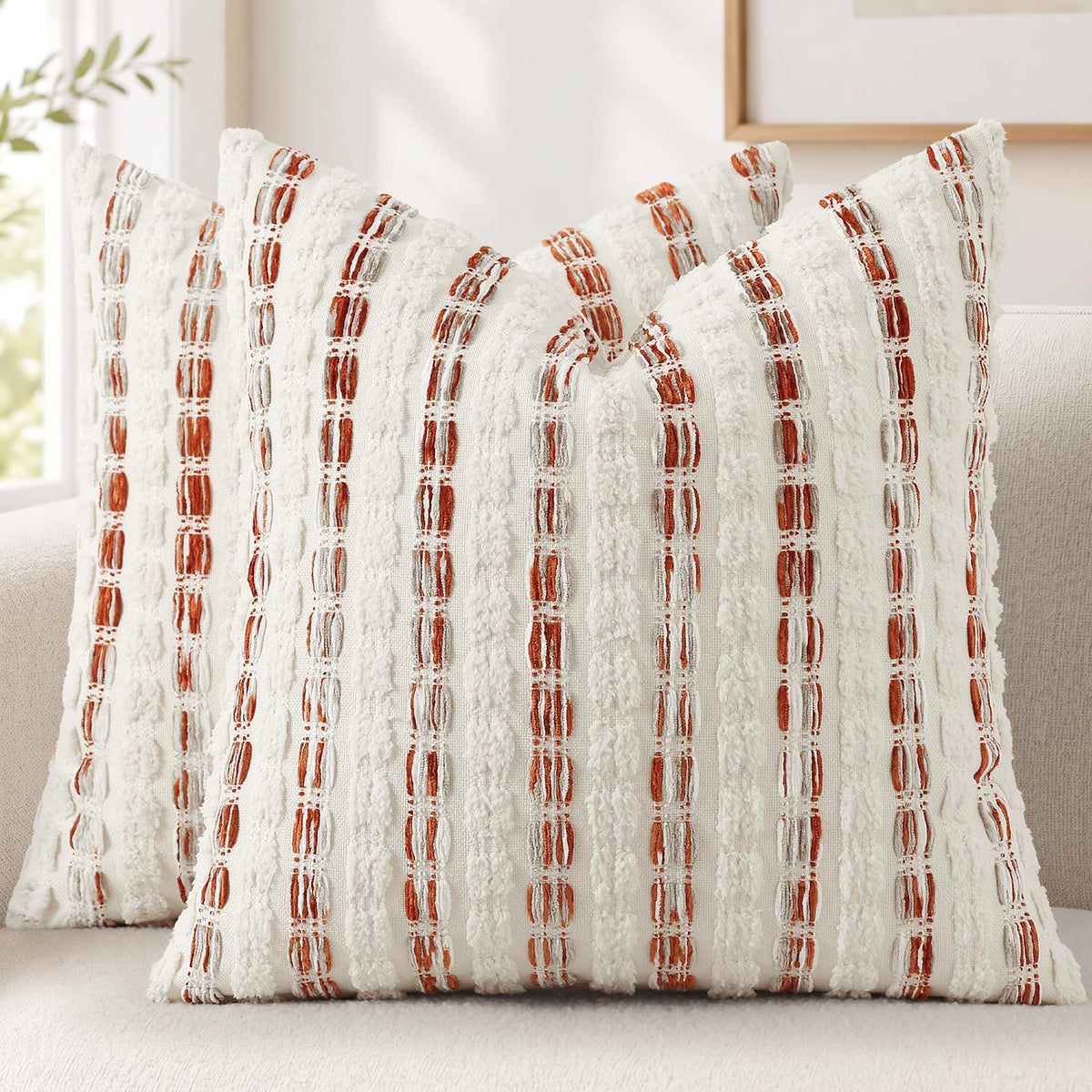 decorUhome Chenille Tufted Stripe Throw Pillow Covers 18x18 Set of 2 Green