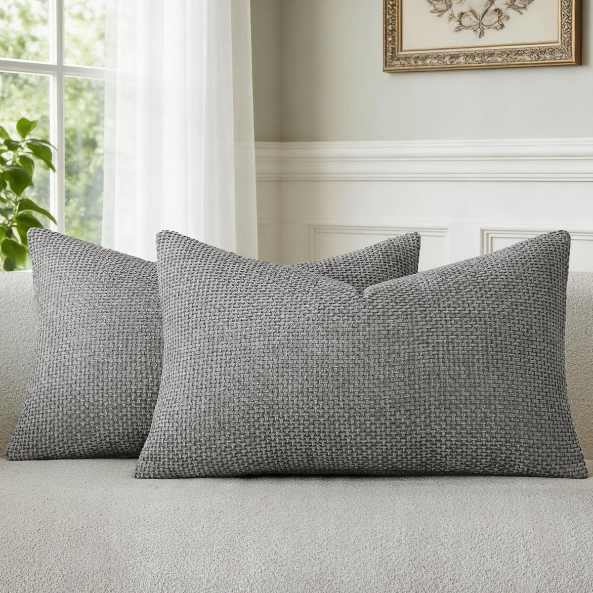a moment Grey-Beige Chenille Throw Pillow Covers 16x16 Inch Pack of 2 Modern Decorative Throw Pillow Cases Farmhouse Cross Throw Pillowcases Home Decor for Sofa Bedroom Living Room