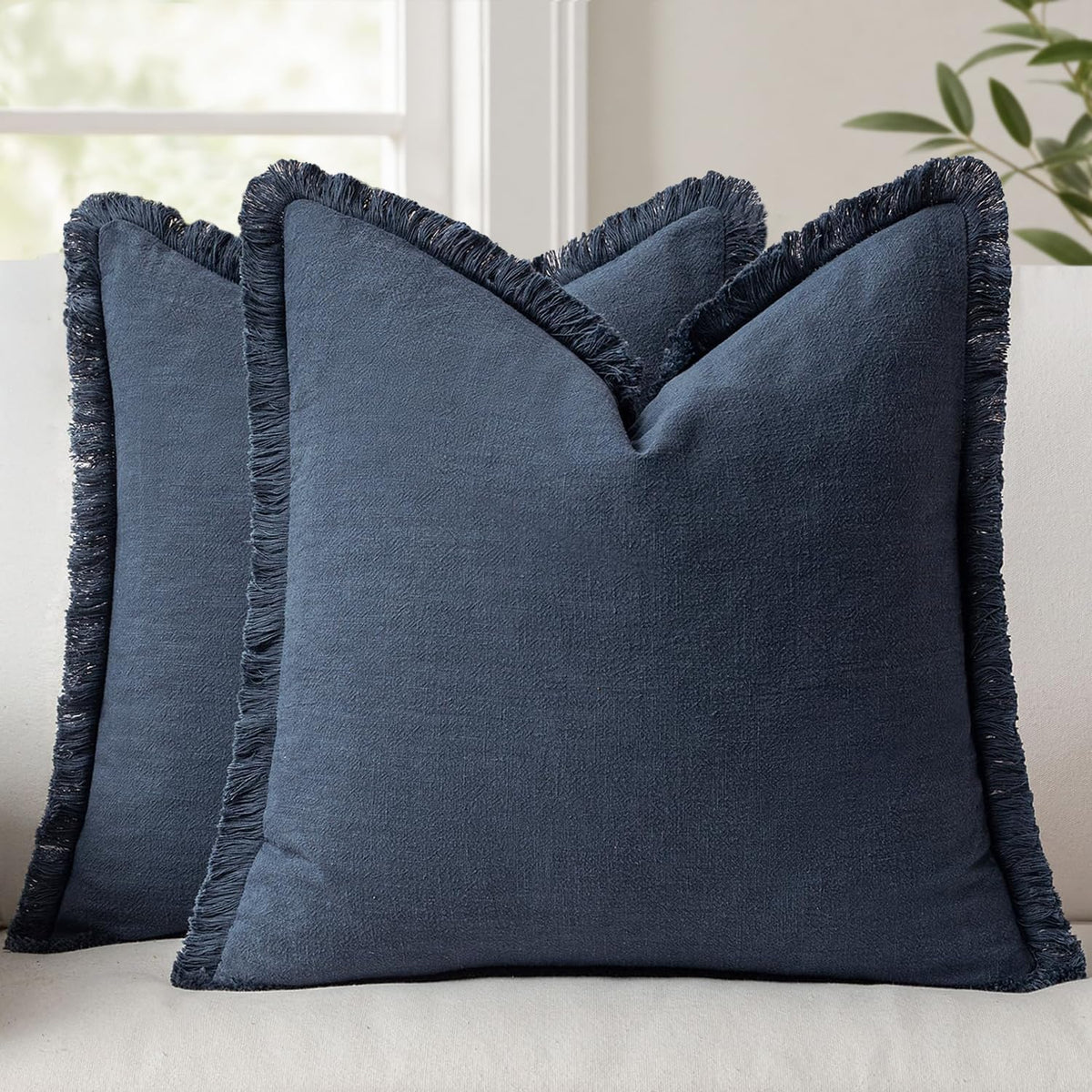 ANRODUO Decorative Linen Fringe Pillow Covers 18×18 Inch Sage Green 2 Pack