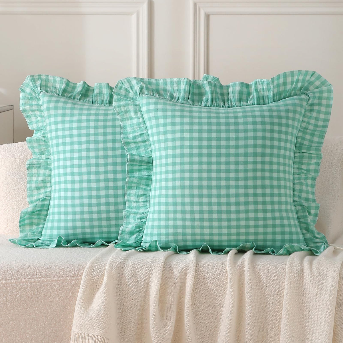 2 Pack Taupe White Gingham Ruffle Throw Pillow Covers 18''x18''