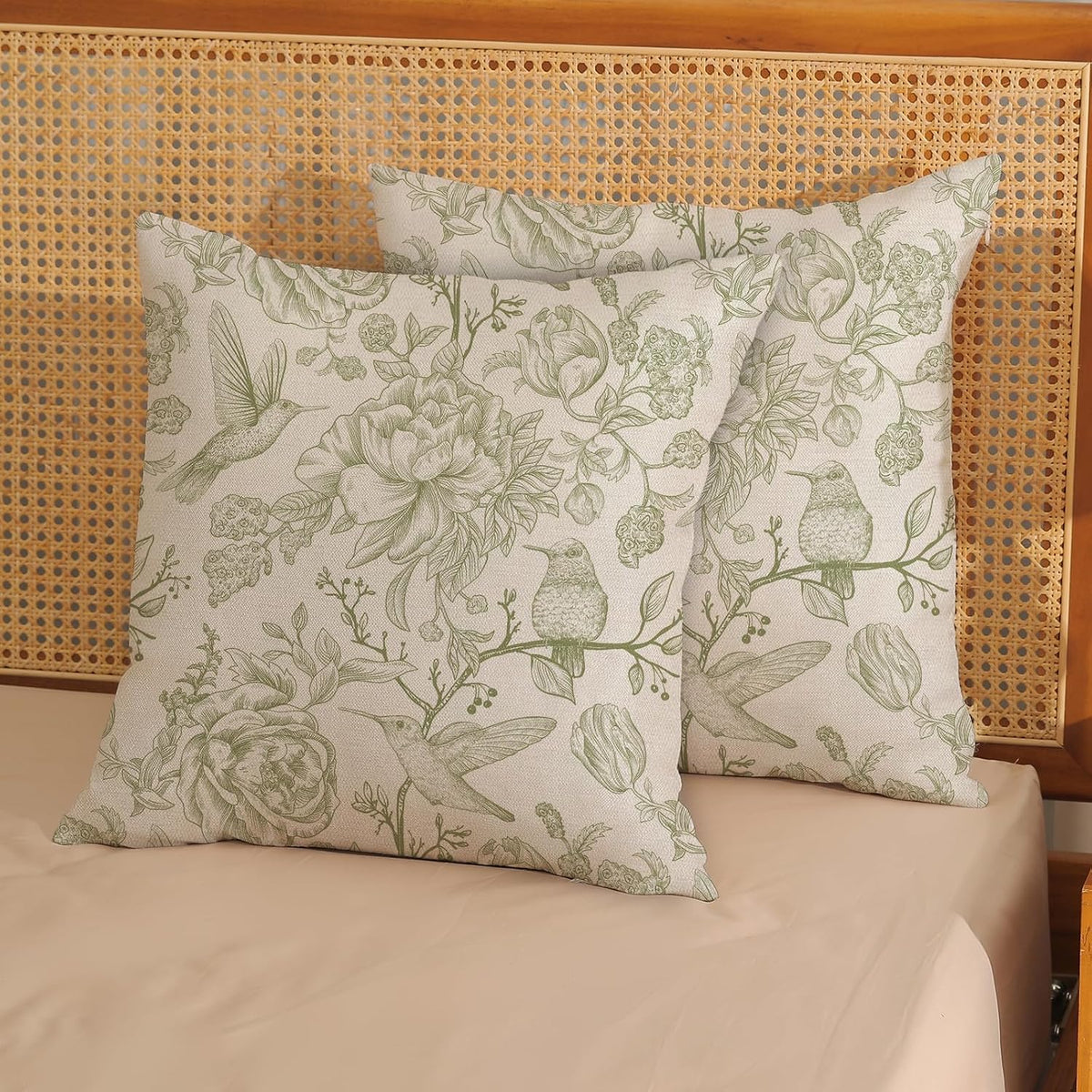 Sage Green Pillow Covers 18x18 Set of 2 Light Green Chinoiserie Bird Floral Throw Pillows Outdoor Decor Vintage Hummingbird Flower Pillow Cases Linen Decorative Cushion Cover for Couch Sofa