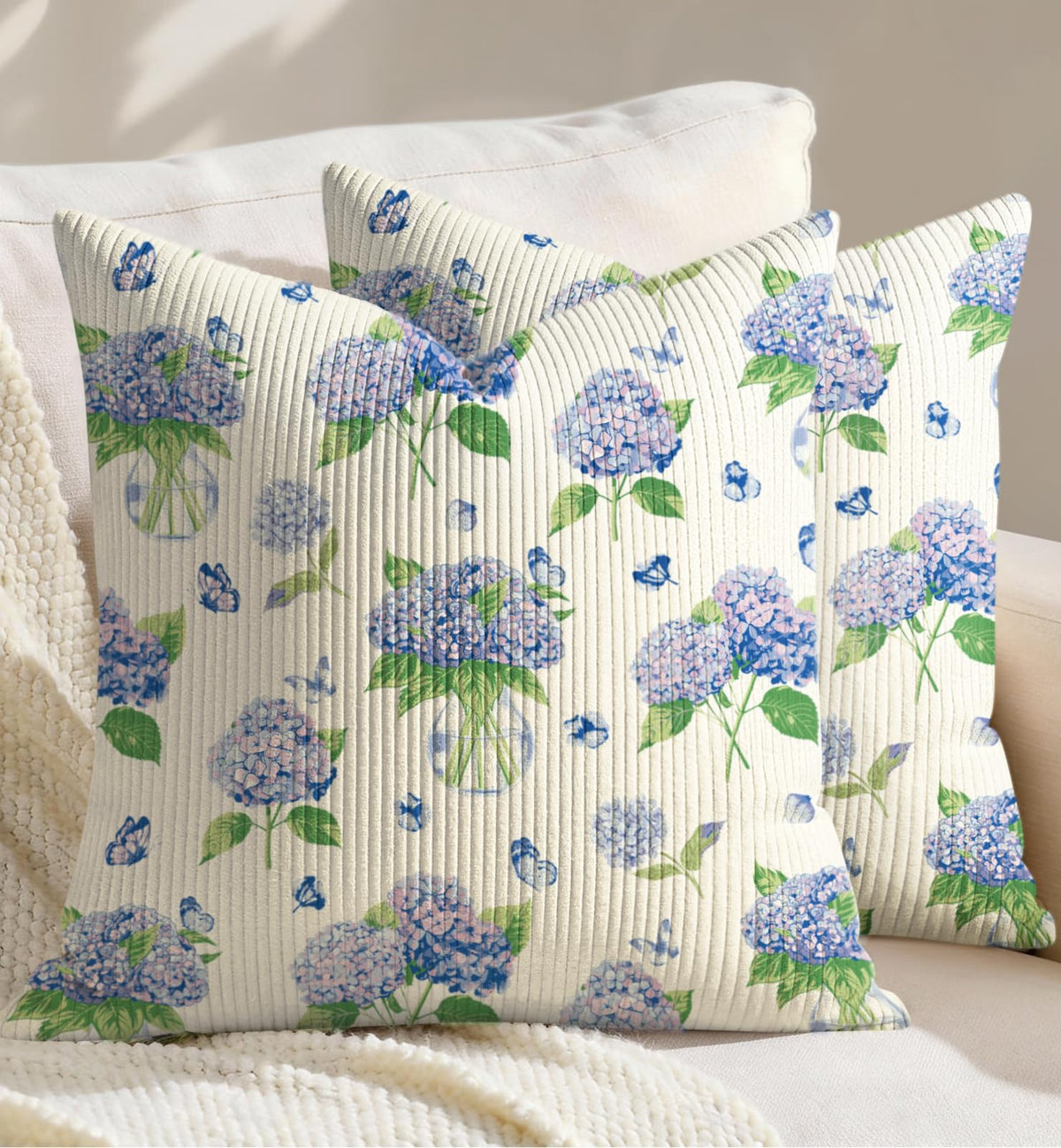 Corduroy Throw Pillow Covers 18x18 - Set of 2 Decorative Spring Pillow Covers with Zipper Farmhouse Decor Cottage Throw Pillowcases for Couch Sofa Living Room Home Bedroom, PK Floral
