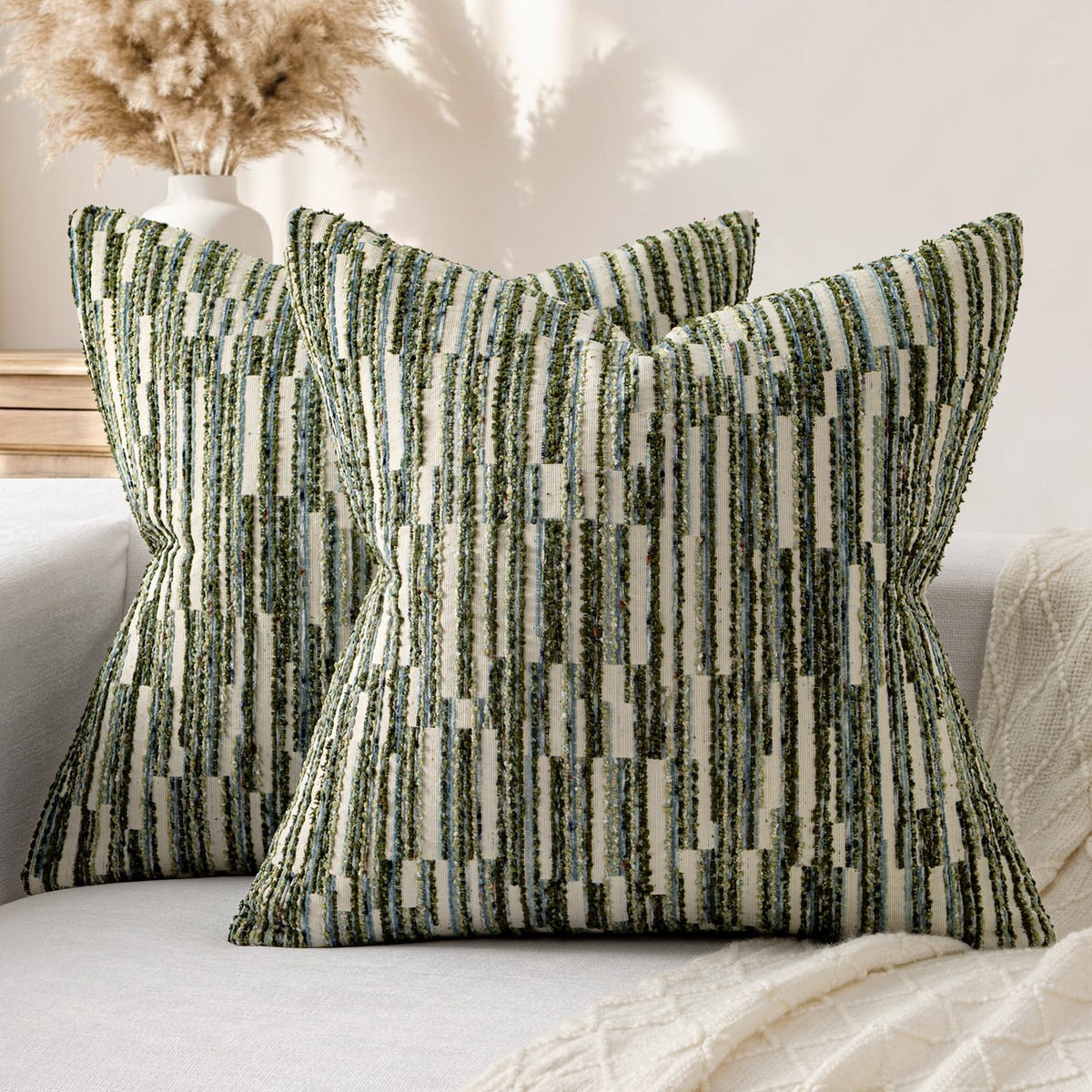 Boho Striped Decorative Throw Pillow Covers 20"X20" Set of 2,Moss Green