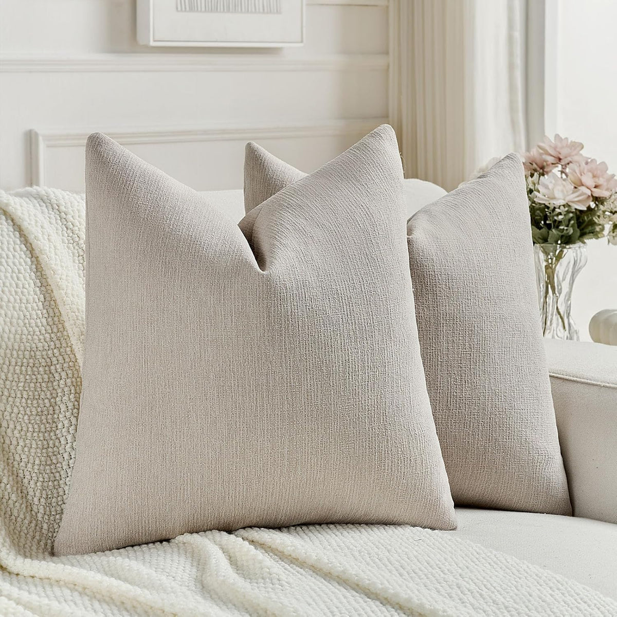 FUTEI Pack of 2 Faux Linen Throw Pillow Covers 18x18 Inch,Light Grey