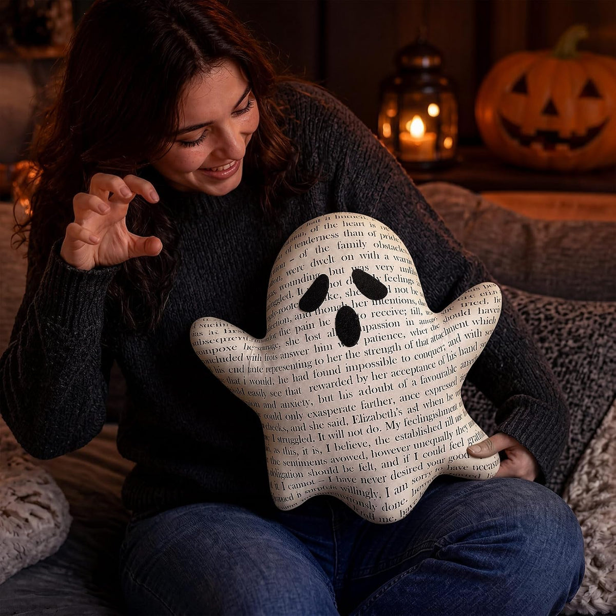 RattanView Ghost Halloween Pillow Vintage Book Page Plush Throw Decor