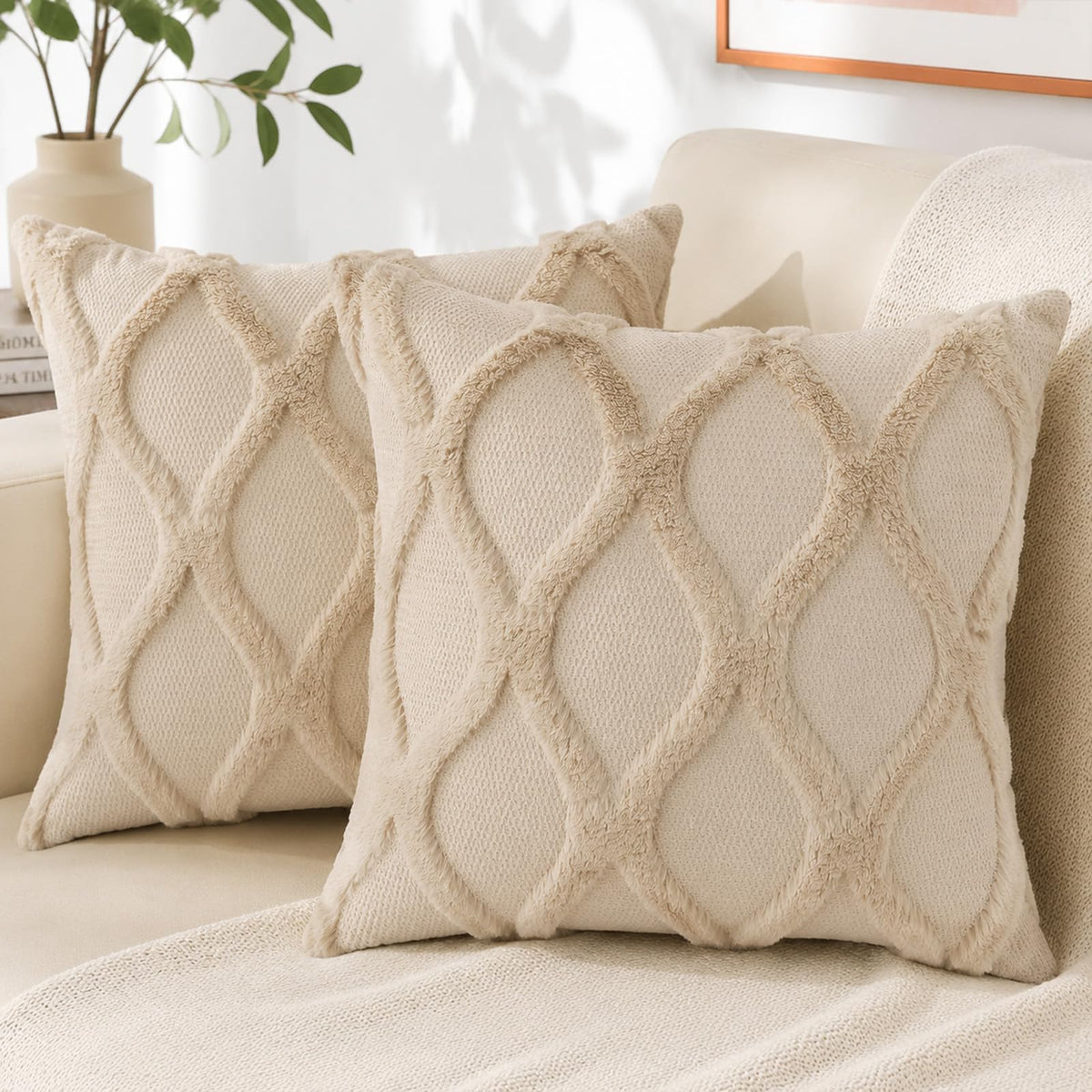 decorUhome Fall Throw Pillow Covers 18x18 Inch Set of 2, Soft Plush Faux Fur Wool Rust Couch Pillow Covers, Decorative Neutral Pillow Cases for Bed Sofa Living Room Home Decor
