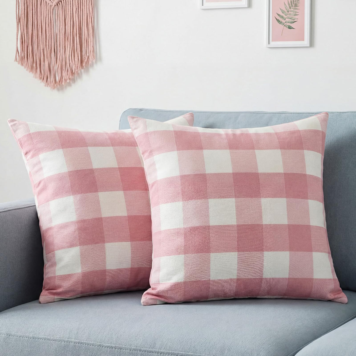 Farmhouse Brown Gingham Checkered Plaid Throw Pillow Covers 20x20 Set of 2