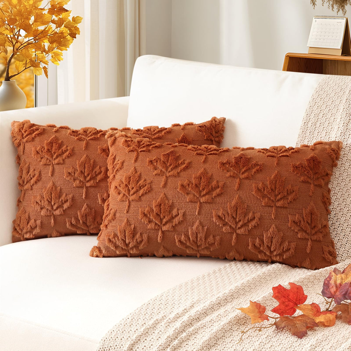 Artscope Maple Leaf Fall Pillow Covers 18 x 18 Set of 2 Decorative Autumn Harvest Holiday Throw Pillow Cases Soft Plush Faux Fur Couch Cushion Case for Farmhouse Sofa Bed Room Home Decor-Rust