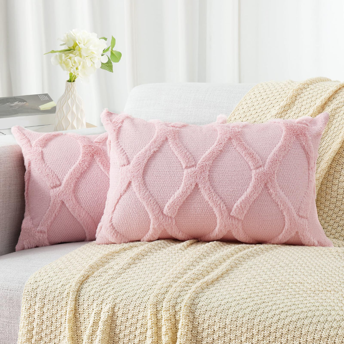 decorUhome Fall Throw Pillow Covers 18x18 Inch Set of 2, Soft Plush Faux Fur Wool Rust Couch Pillow Covers, Decorative Neutral Pillow Cases for Bed Sofa Living Room Home Decor