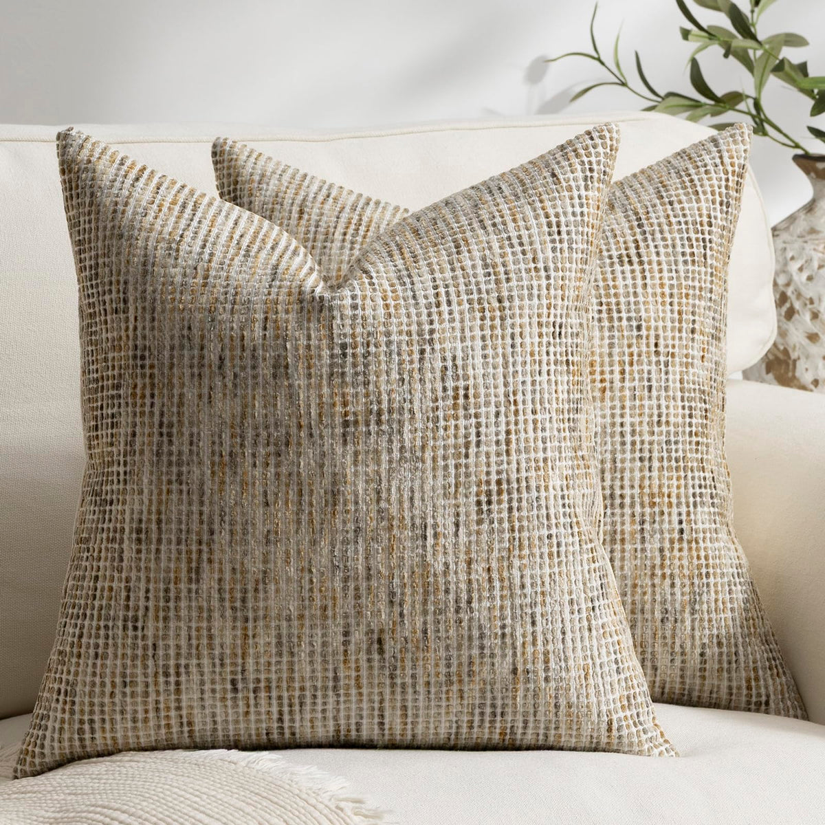 Pack of 2 Neutral Throw Pillow Covers 18x18 Boho Textured Dots Stripe Chenille Square Decorative Pillow Cases Accents for Living Room Couch Bed Farmhouse Home Decor, Taupe