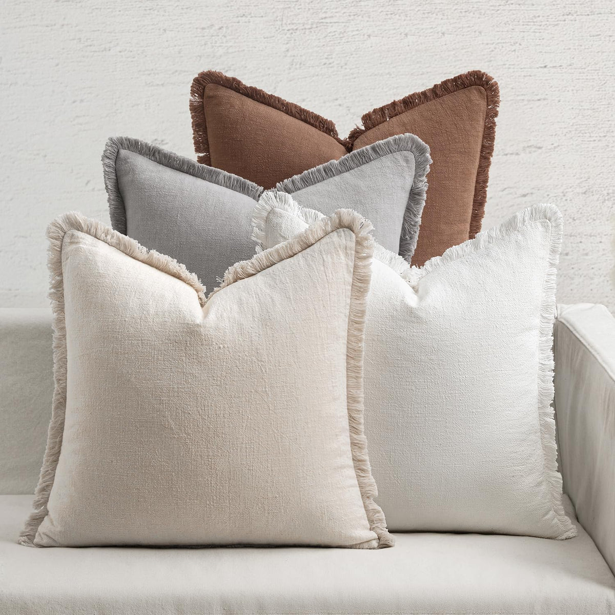 MIULEE Fall Linen Fringe Pillow Covers Set of 4 18x18 Beige/Brown/Green