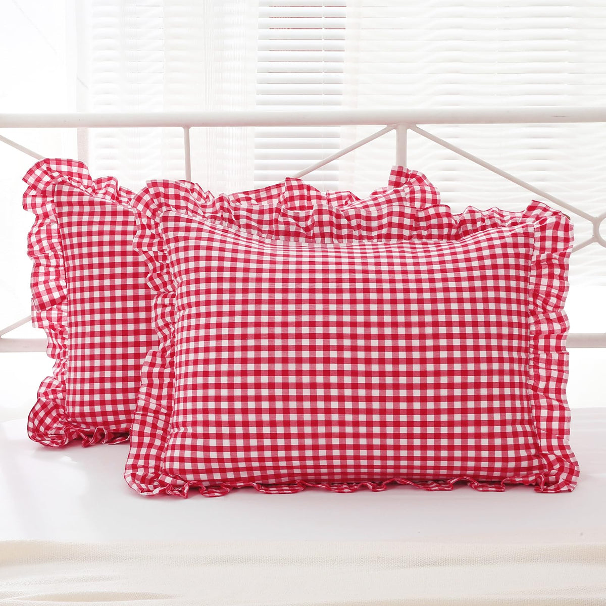 2 Pack Taupe White Gingham Ruffle Throw Pillow Covers 18''x18''