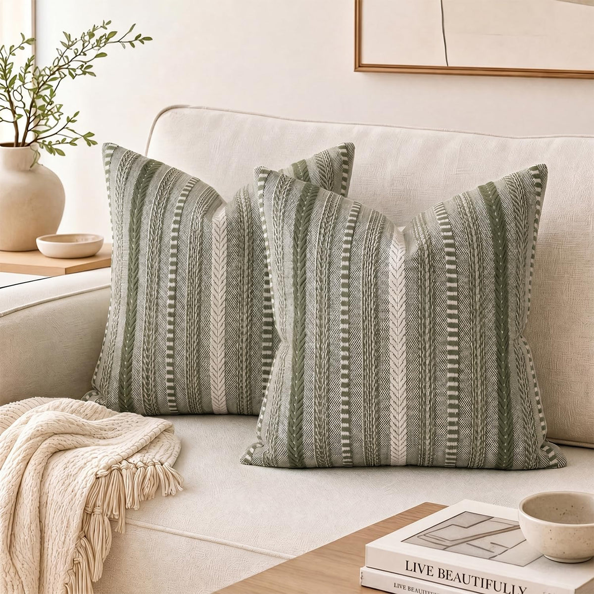 AVOIN colorlife Black Boho Decorative Throw Pillow Covers Set of 2, 18 x 18 Inch Woven Stripe Textured Rustic Cushion Case Home Decor for Living Room Couch Sofa