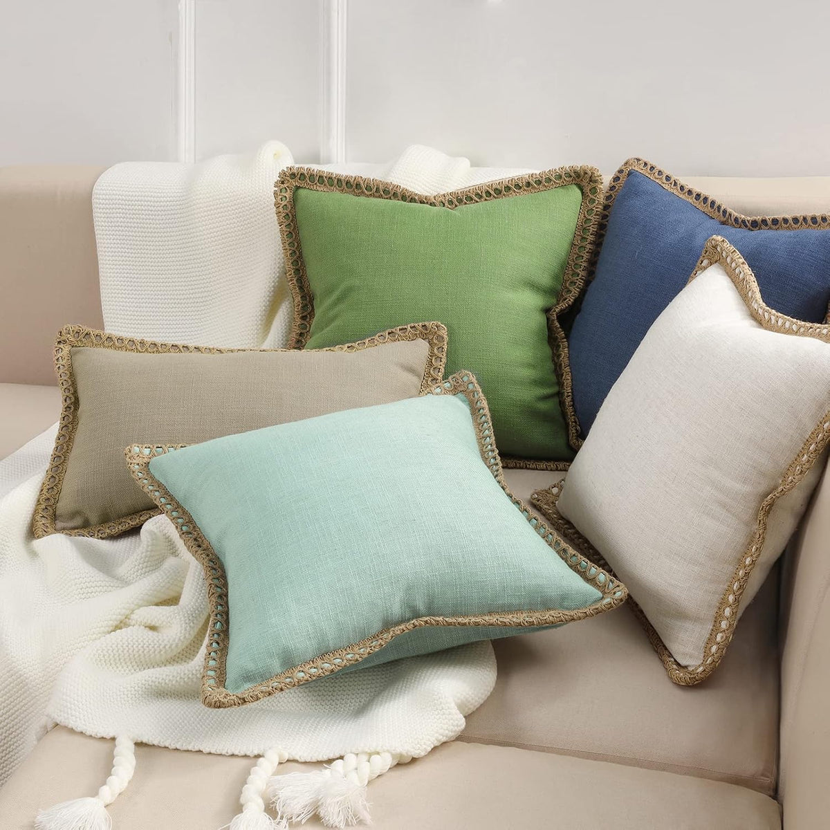 Phantoscope Pack of 2 Coastal Aqua Pillow Covers 18x18, Textured Polyester with Rope Trim, Fade Resistant Vintage Turquoise Blue Decorative Cushion Cases, Hidden Zipper, Farmhouse Boho Beach Decor
