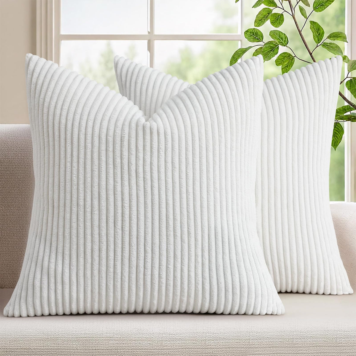 Mecatny Corduroy Fall Throw Pillow Covers 18x18 Set of 2 Cream White