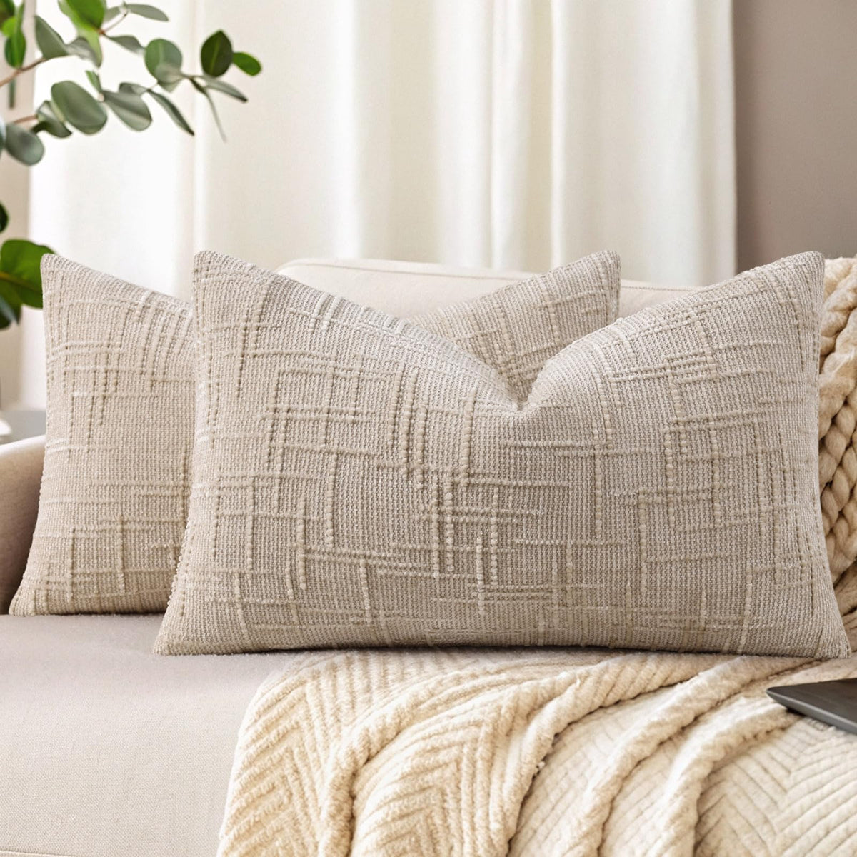 decorUhome Textured Chenille Throw Pillow Covers 18x18 Set of 2 Ivory