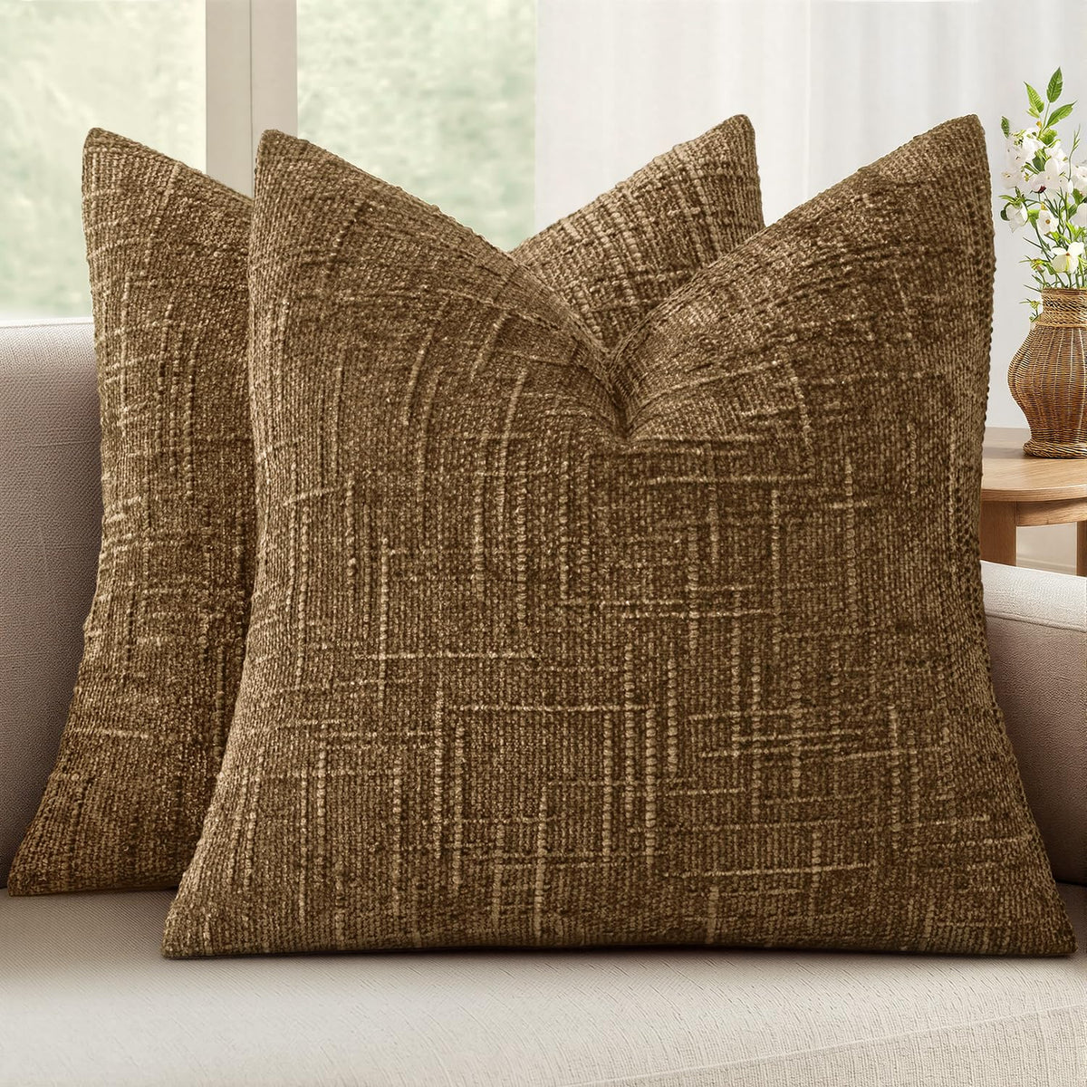 MIULEE Chenille Textured Throw Pillow Covers Cream White 18x18 Set of 2