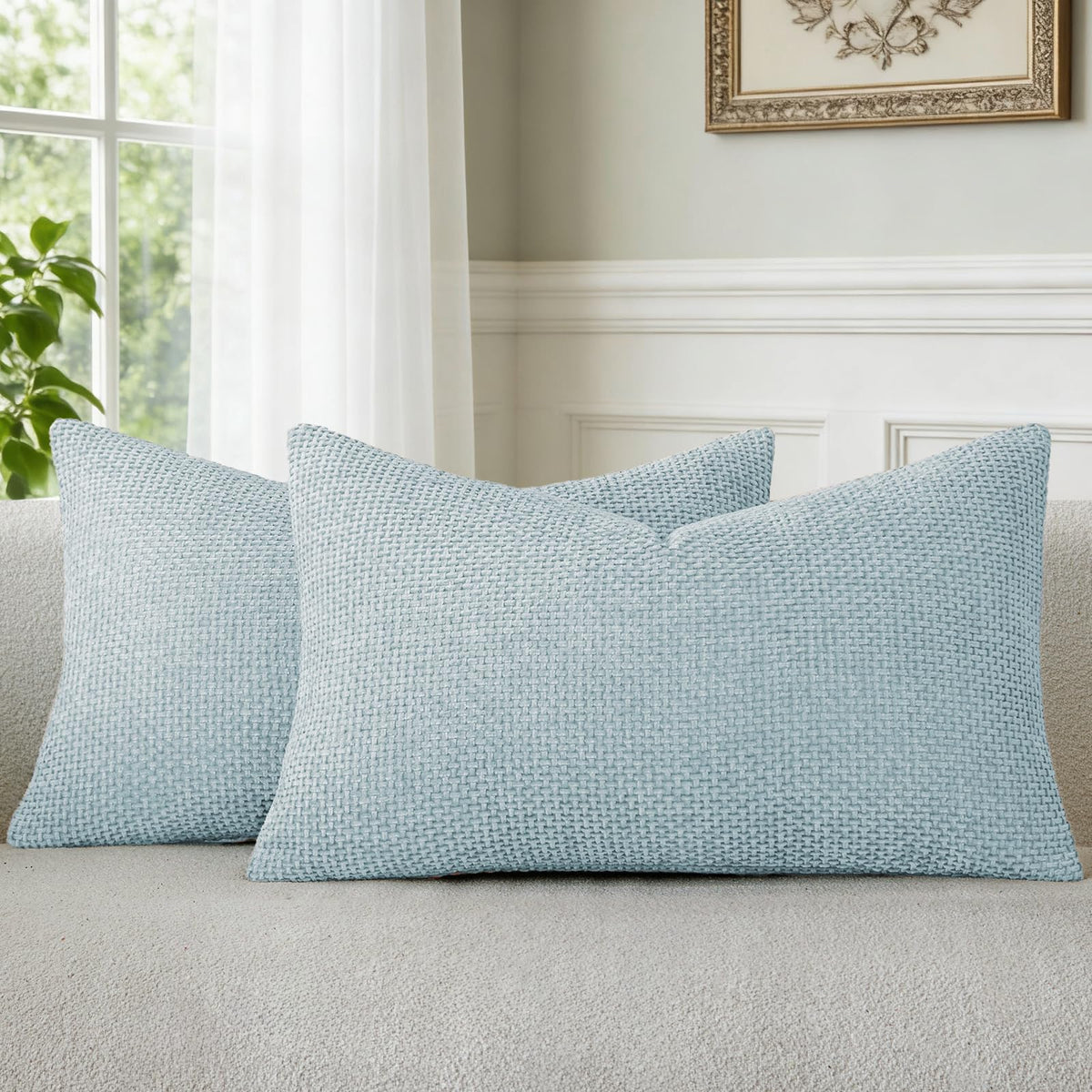 a moment Light Green Chenille Throw Pillow Covers 20x20 Inch Pack of 2 Modern Decorative Throw Pillow Covers Farmhouse Cross Covers Home Decor for Sofa Bedroom Living Room Spring
