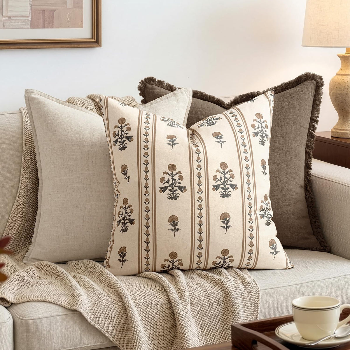 Striped Floral Throw Pillow Covers 18x18 Inch Set of 2 Brown