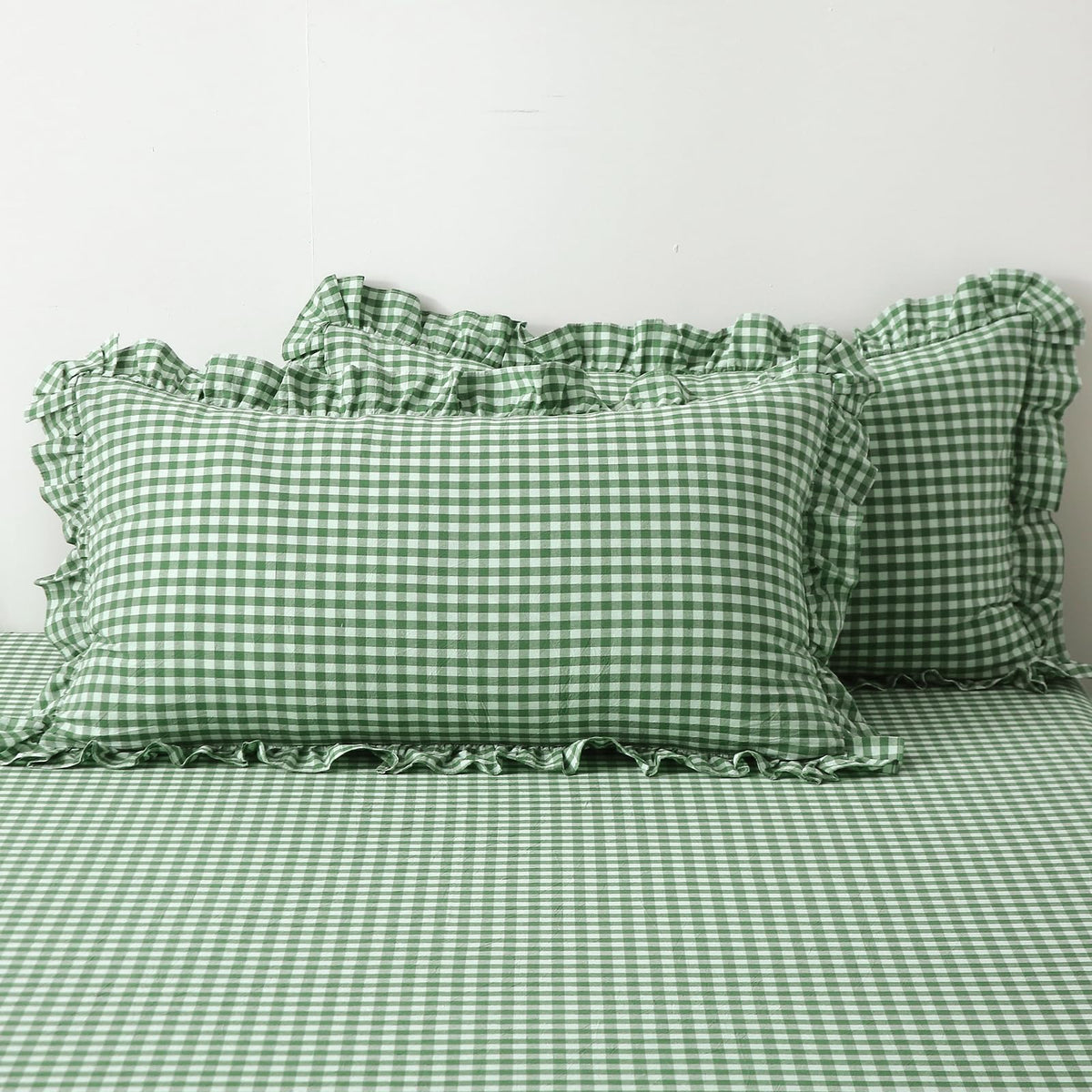 2 Pack Taupe White Gingham Ruffle Throw Pillow Covers 18''x18''