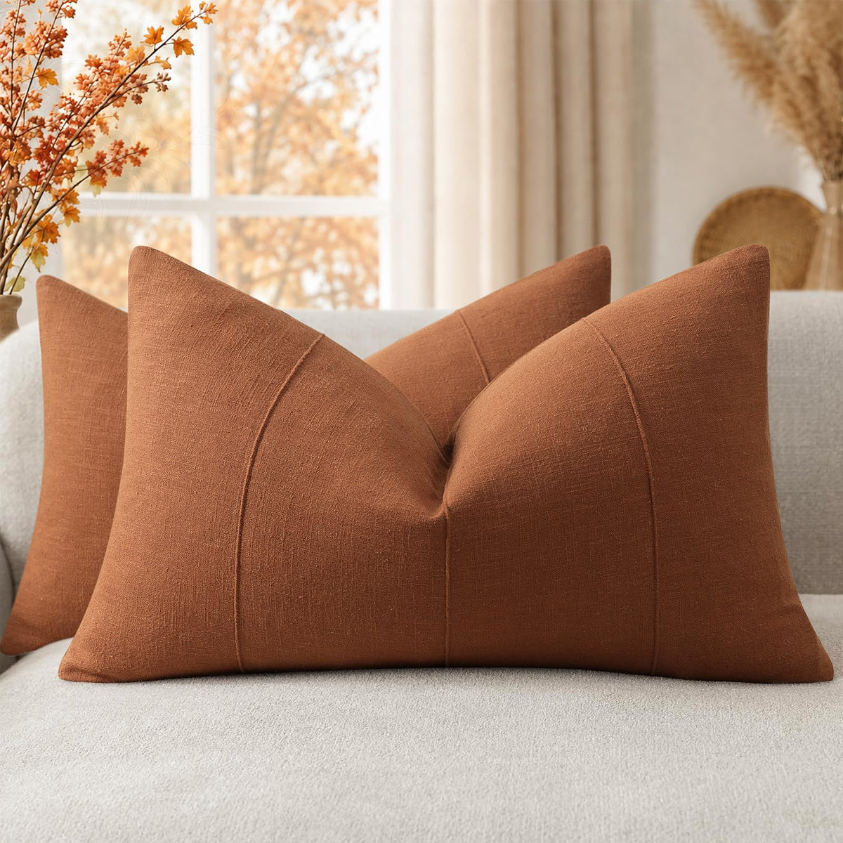 Decorative Linen Throw Pillow Covers 18x18 Set of 2 Solid handcrafted Striped Cushion Covers for Bed Soft Modern Farmhouse Neutral Pillowcase for Couch Bedroom Living Room Home Decor(Cream White)