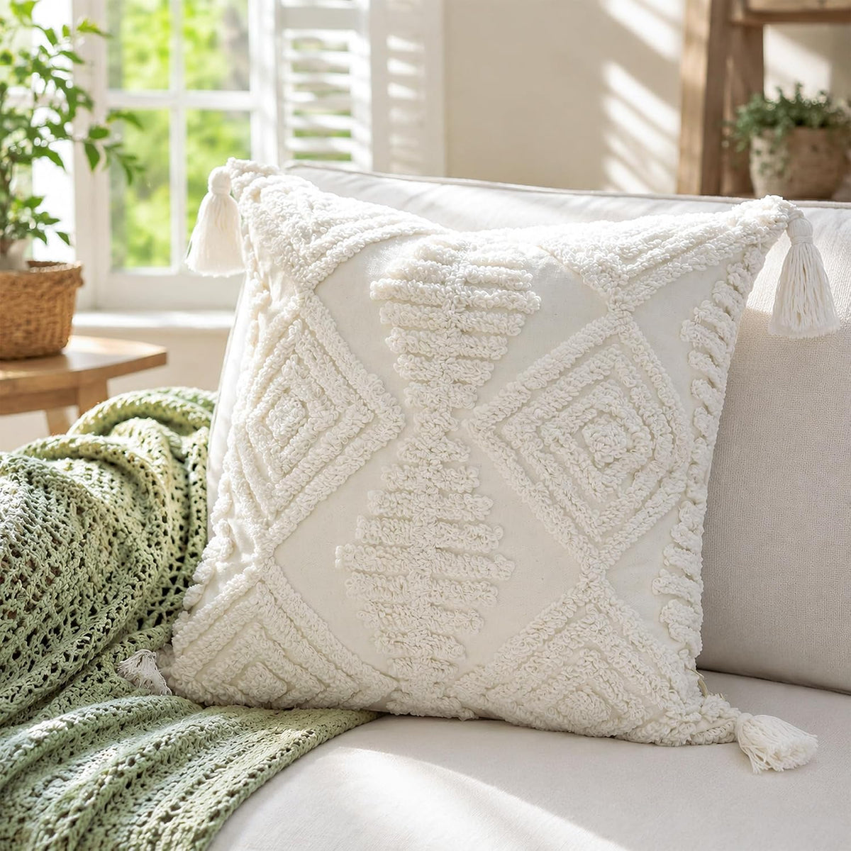 Boho Sofa Throw Pillow Covers – Exquisitely Crafted with Hand-Finished Tuft with Thick Cotton Tassel Details – Soft & Stylish Moroccan Decorative, 18x18inch (Spring Ruched)