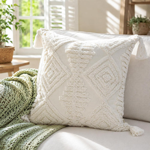 Boho Sofa Throw Pillow Covers – Exquisitely Crafted with Hand-Finished Tuft with Thick Cotton Tassel Details – Soft & Stylish Moroccan Decorative, 18x18inch (Spring Ruched)