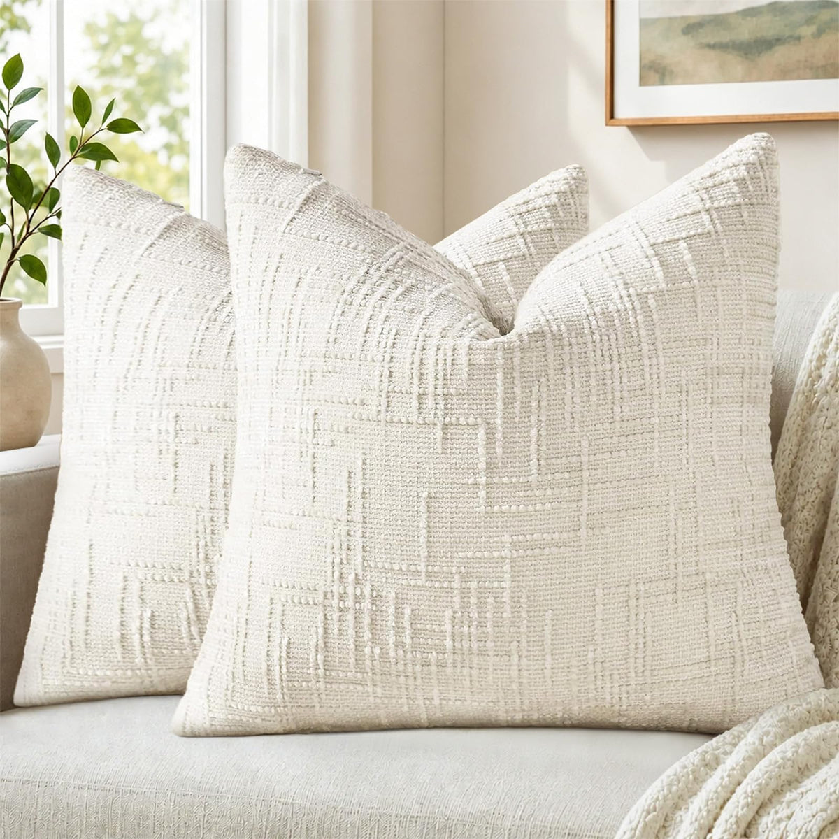 Pallene Cream White Textured Chenille Throw Pillow Covers 18x18 Set of 2