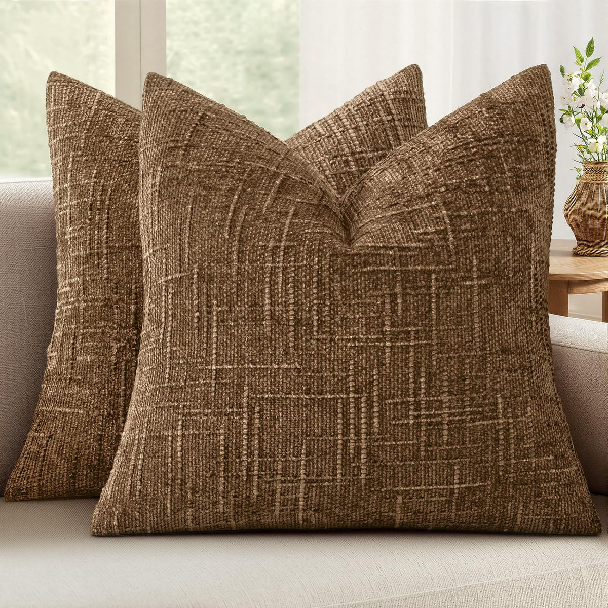 MIULEE Chenille Textured Throw Pillow Covers Cream White 18x18 Set of 2