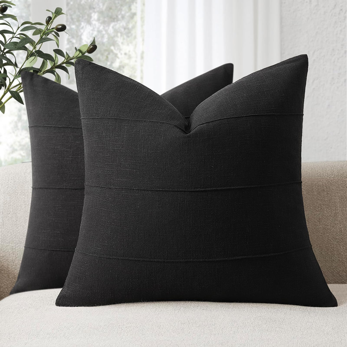 Decorative Linen Throw Pillow Covers 18x18 Set of 2 Solid handcrafted Striped Cushion Covers for Bed Soft Modern Farmhouse Neutral Pillowcase for Couch Bedroom Living Room Home Decor(Cream White)