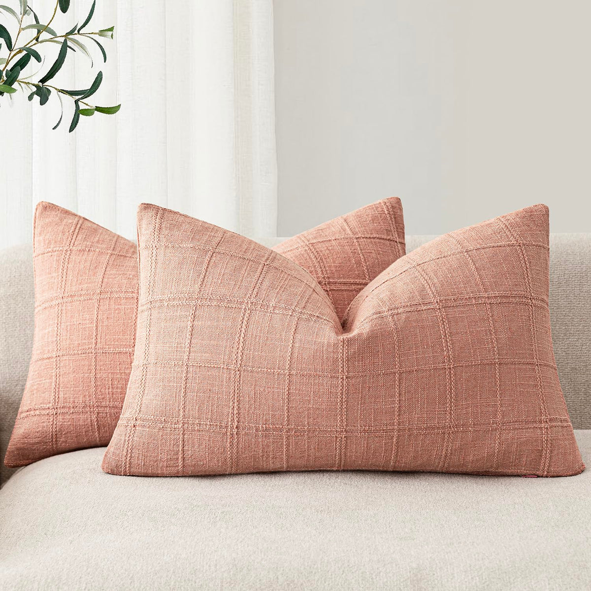 Foindtower Linen Check Decorative Throw Pillow Covers 18×18 Natural Beige