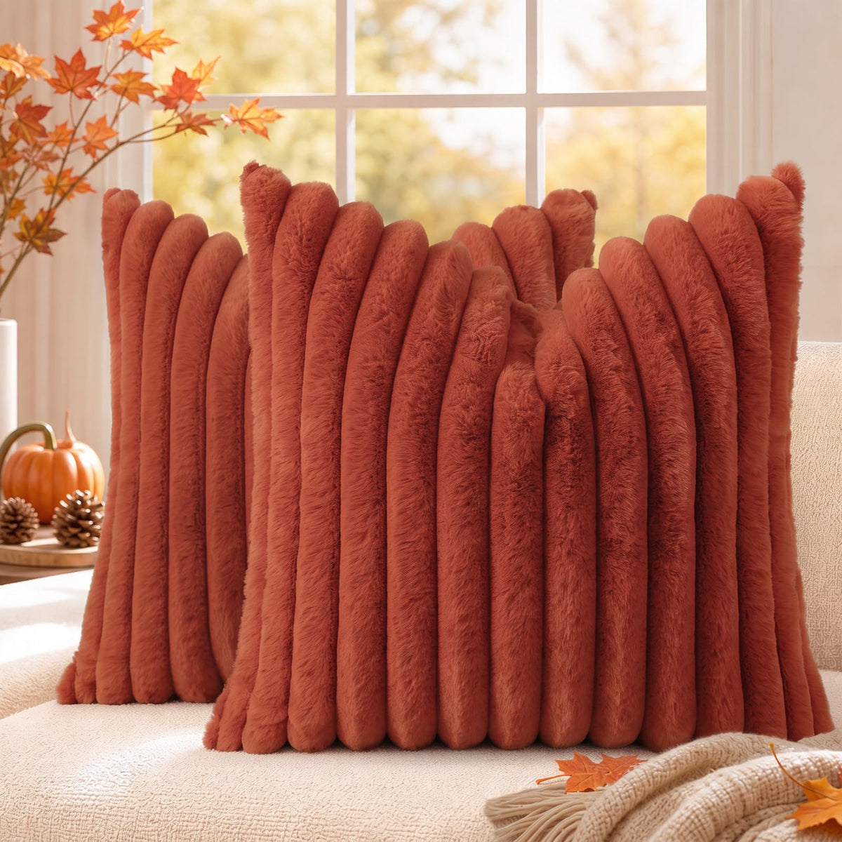 decorUhome Fall Faux Fur Throw Pillow Covers 18x18 Set of 2 Grey Blue