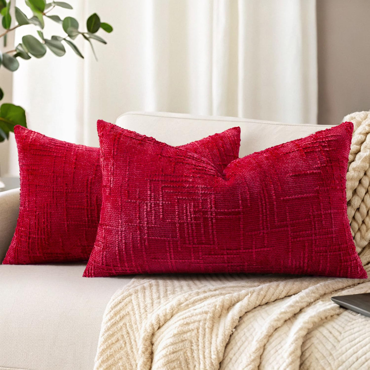 decorUhome Textured Chenille Throw Pillow Covers 18x18 Set of 2 Ivory