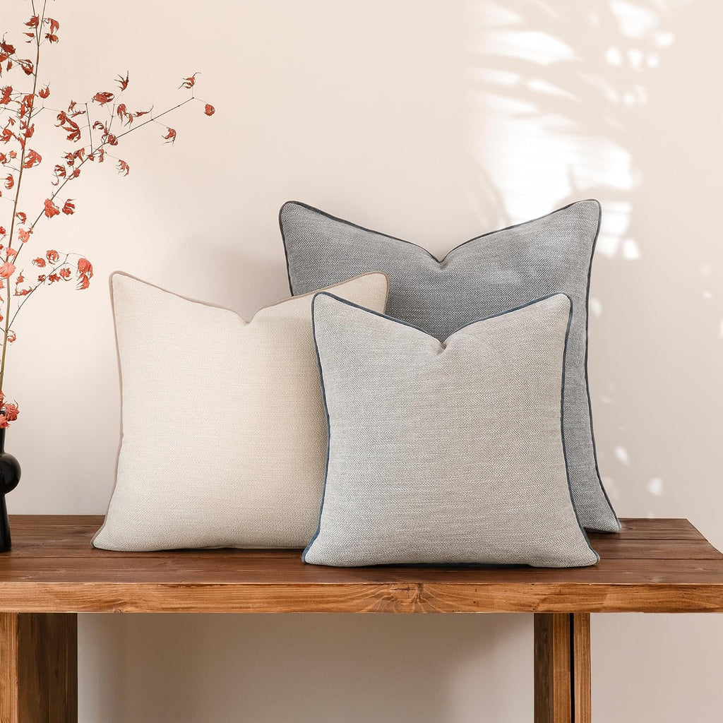 MATTINS Dusty Blue Cotton Throw Pillow Covers 22x22 Set of 2, Solid Decorative Pillow Covers with Chenille Texture and Velvet Back, Neutral Farmhouse Cushion Covers for Sofa Couch Bedroom